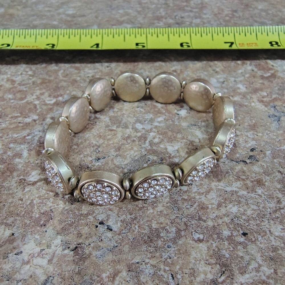 Elegant Gold Tone Beaded Stretch Bracelet with Round Clear Crystal Pavé Accents